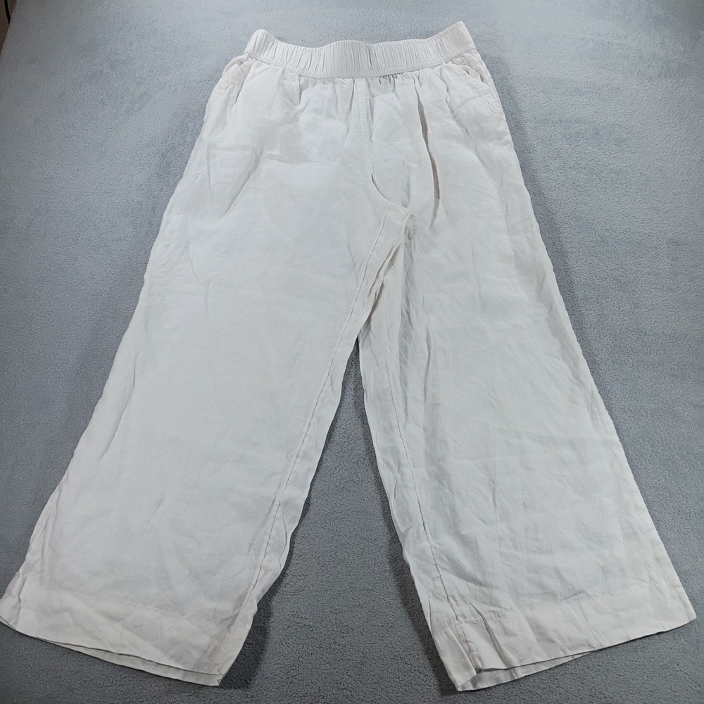 Tahari Womens Wide Leg Linen Pants White Large Elastic Waist Pocket